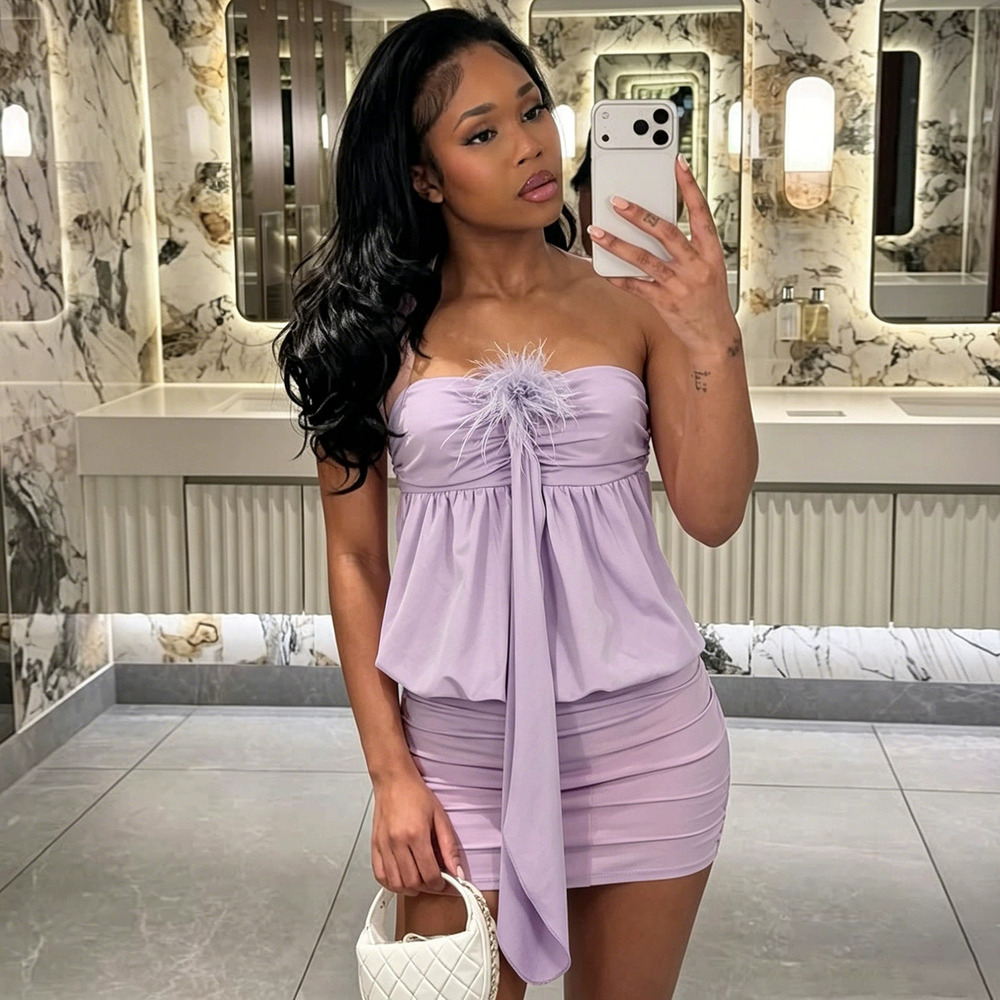 Zara Strapless Backless Bodycon Dress Lace Up Feather Patchwork